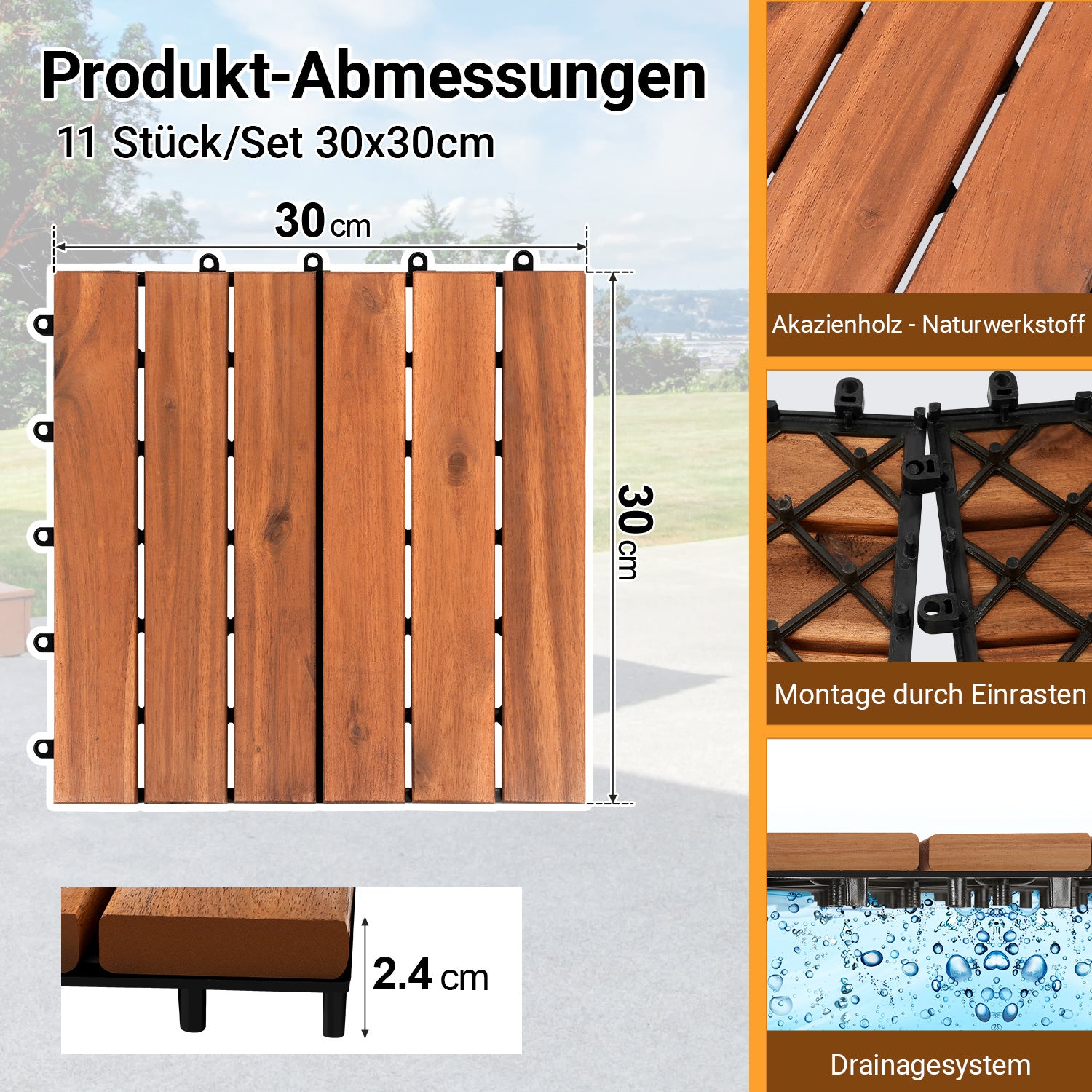 Holz-Mosaikplatten aus Robinienholz, 30 x 30 cm – Balkonfliesen, Gartenfliesen, geeignet für Garten, Terrassen und Balkone