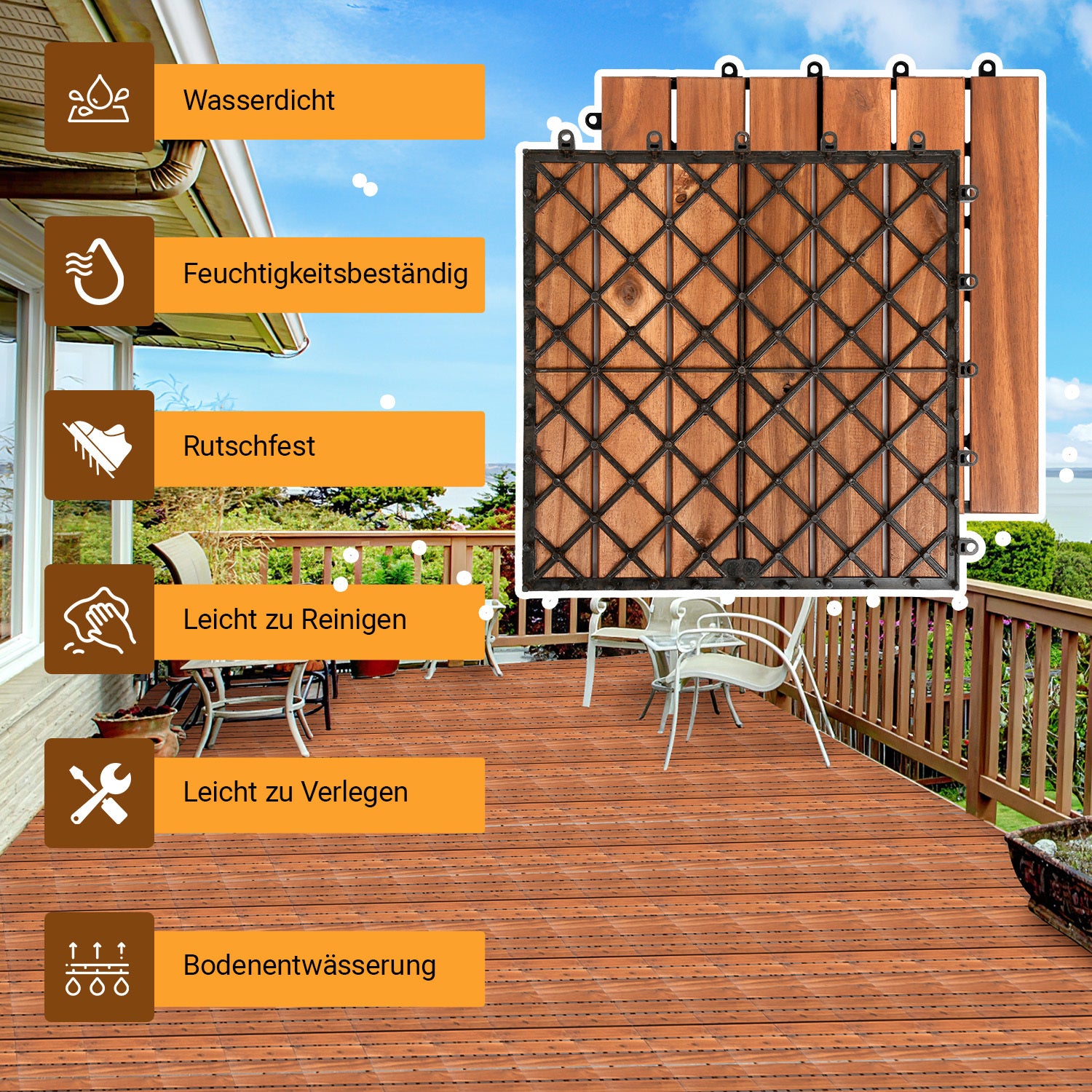 Holz-Mosaikplatten aus Robinienholz, 30 x 30 cm – Balkonfliesen, Gartenfliesen, geeignet für Garten, Terrassen und Balkone