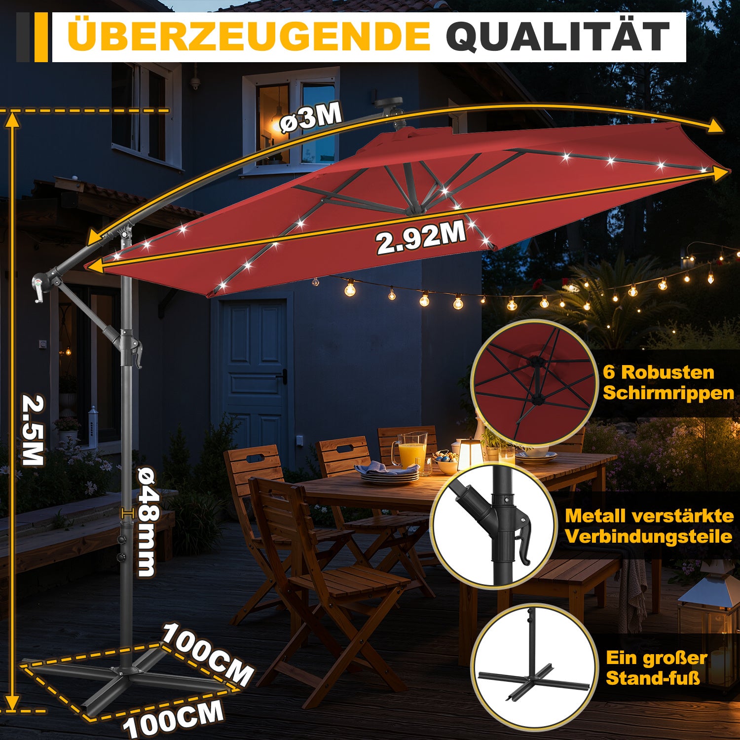 Ausziehbarer Sonnenschirm mit LED-Solarbeleuchtung, Durchmesser 300/350 cm, mit Kurbel, ausziehbarer Sonnenschirm mit Sockel, Gartensonnenschirm, Sonnenschutz, UV-Schutz, handbetätigter Sonnenschirm, Sonnenschirm für Märkte, wasserdicht