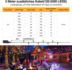Außenbeleuchtung für 50–200 Meter, 500–2000 LED-Lichter, 8 Leuchtmodi, mit Stecker, Schutzart IP44, für den Innen- und Außenbereich geeignet, ideal für Weihnachten, Ostern, Halloween und Hochzeitsfeiern
