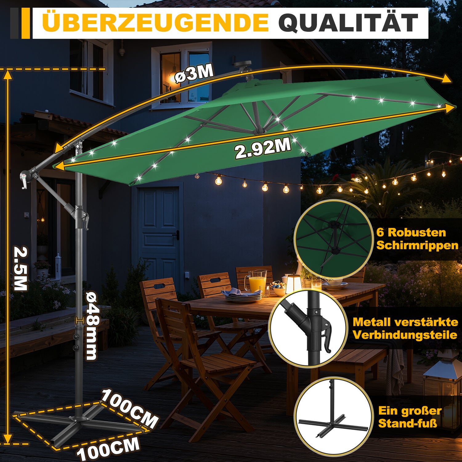 Ausziehbarer Sonnenschirm mit LED-Solarbeleuchtung, Durchmesser 300/350 cm, mit Kurbel, ausziehbarer Sonnenschirm mit Sockel, Gartensonnenschirm, Sonnenschutz, UV-Schutz, handbetätigter Sonnenschirm, Sonnenschirm für Märkte, wasserdicht