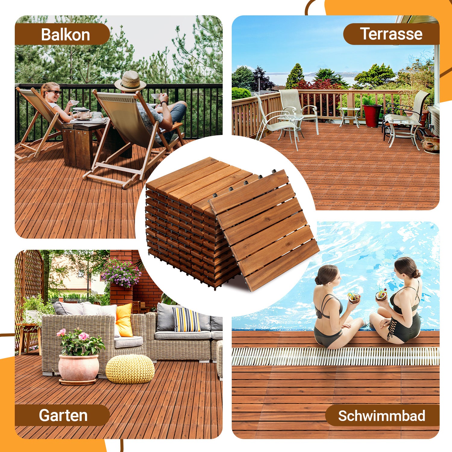 Holz-Mosaikplatten aus Robinienholz, 30 x 30 cm – Balkonfliesen, Gartenfliesen, geeignet für Garten, Terrassen und Balkone