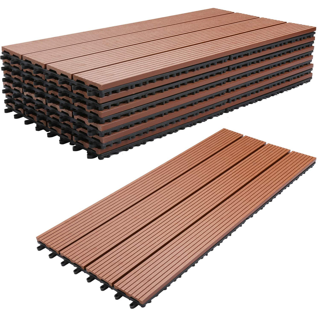 WPC-Fliesen, 30 x 60 cm, Terrassenfliesen, Klickfliesen, Balkonfliesen mit Holzoptik, witterungsbeständige Platten mit Entwässerungsfunktion, geeignet für Terrassen, Balkone und Gärten, braun/rotbraun/dunkelgrau/teakfarben (6 Stück = 1 Quadratmeter)