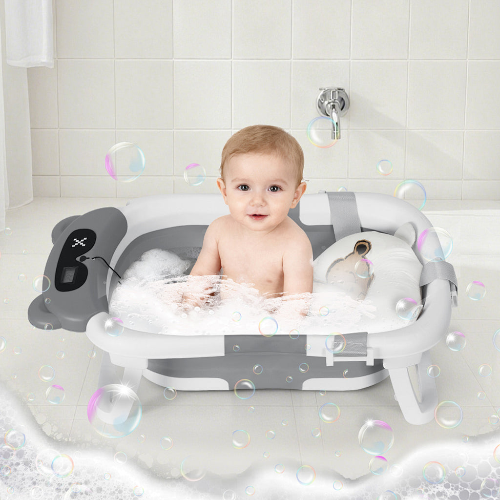 Babybadewanne, Kinderbadewanne, 0–12 Monate, zusammenklappbare Badewanne, grauer Bär (mit Badematte)