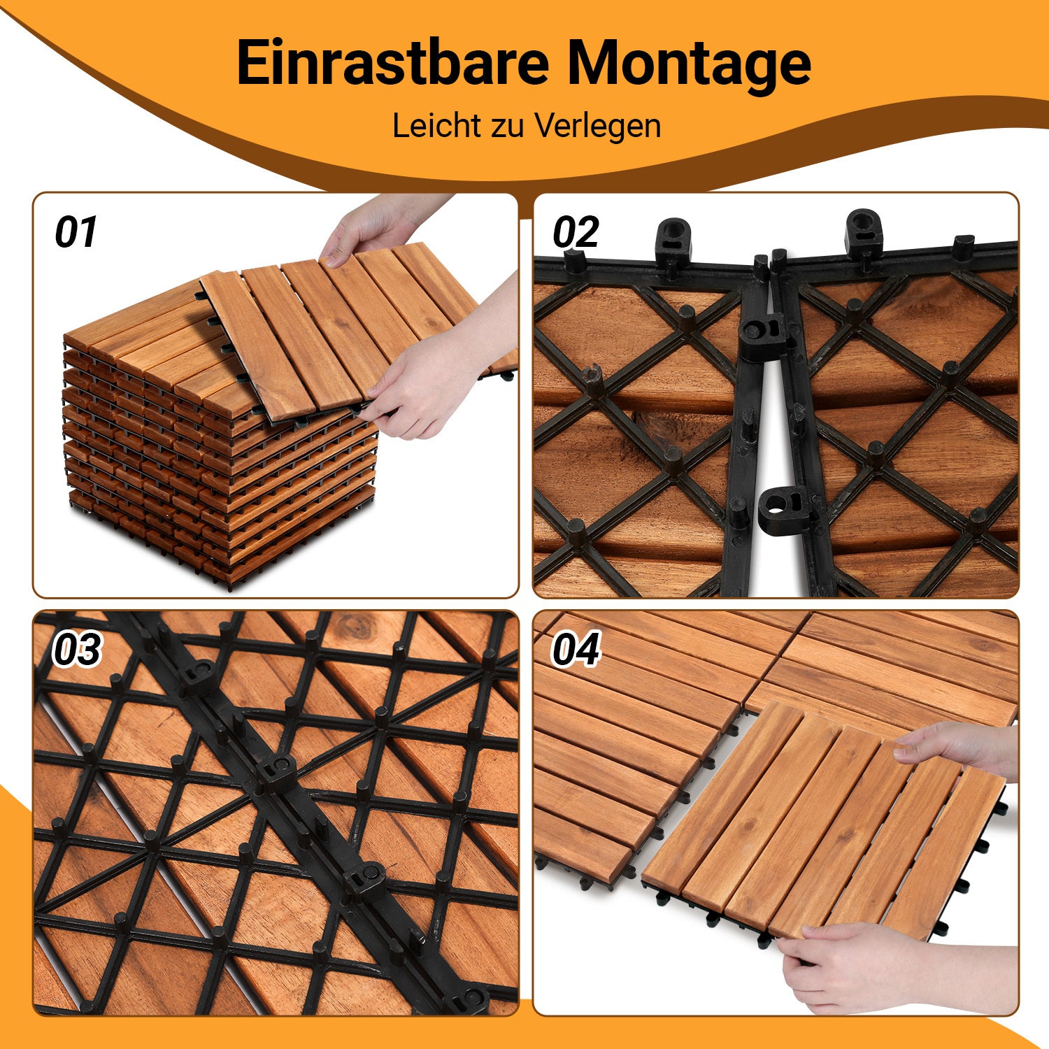 Holz-Mosaikplatten aus Robinienholz, 30 x 30 cm – Balkonfliesen, Gartenfliesen, geeignet für Garten, Terrassen und Balkone