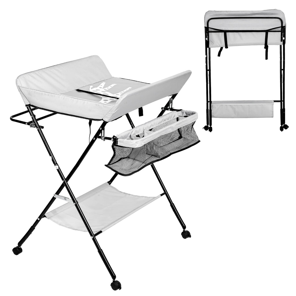 Baby-Wickeltisch, klappbar, Wickelkombination, Babymöbel, mit 4 Rollen, Wickelauflage, grau/dunkelgrau