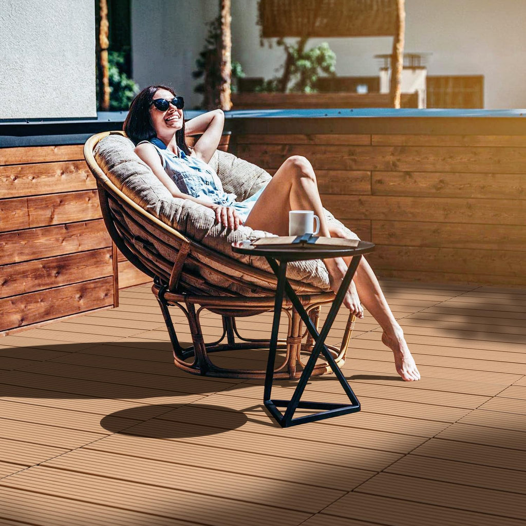 WPC-Fliesen, 30 x 60 cm, Terrassenfliesen, Klickfliesen, Balkonfliesen mit Holzoptik, witterungsbeständige Platten mit Entwässerungsfunktion, geeignet für Terrassen, Balkone und Gärten, braun/rotbraun/dunkelgrau/teakfarben (6 Stück = 1 Quadratmeter)