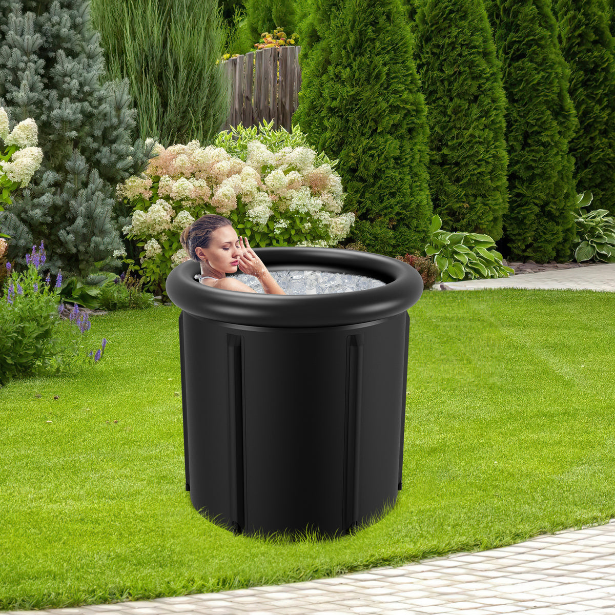 Eisbad extra groß, Eistonne 80 x 78 cm, 5-Lagen-Isolierung, Deckel Verbundstoff, EPE-Schaum und Kunststoff, für Garten und Terrasse, Doppelablauf, Staubschutzhaube, Gewicht 3,8 kg