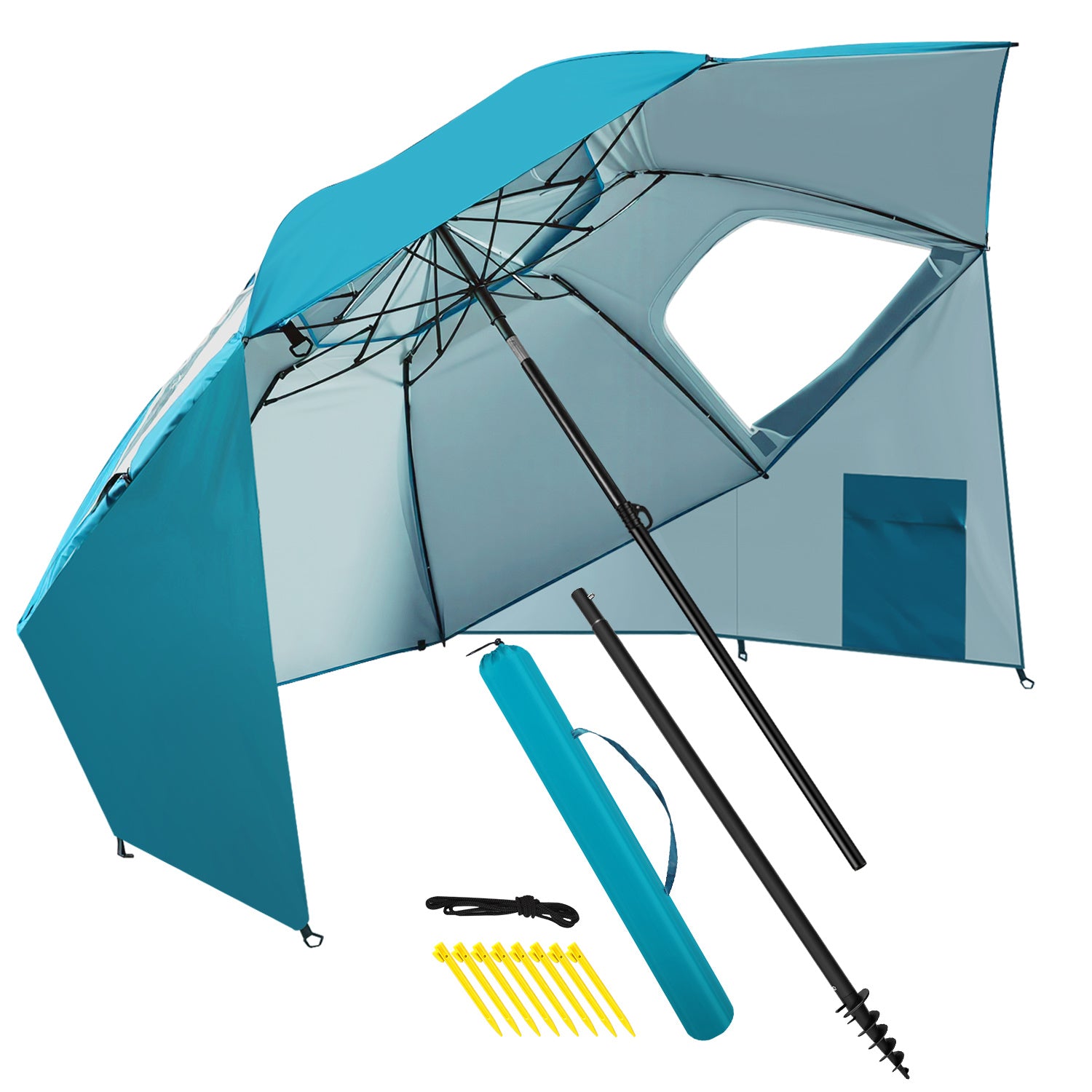 Strand-Sonnenschirm 2-in-1 – Kombinierter Schirm für Strand und Garten, geeignet für 2–4 Personen, UV50+ Sonnenschutz, multifunktionaler Sonnenschirm, Durchmesser 210 x 220 cm, mit Sichtfenster und Tragetasche, zusammenklappbar