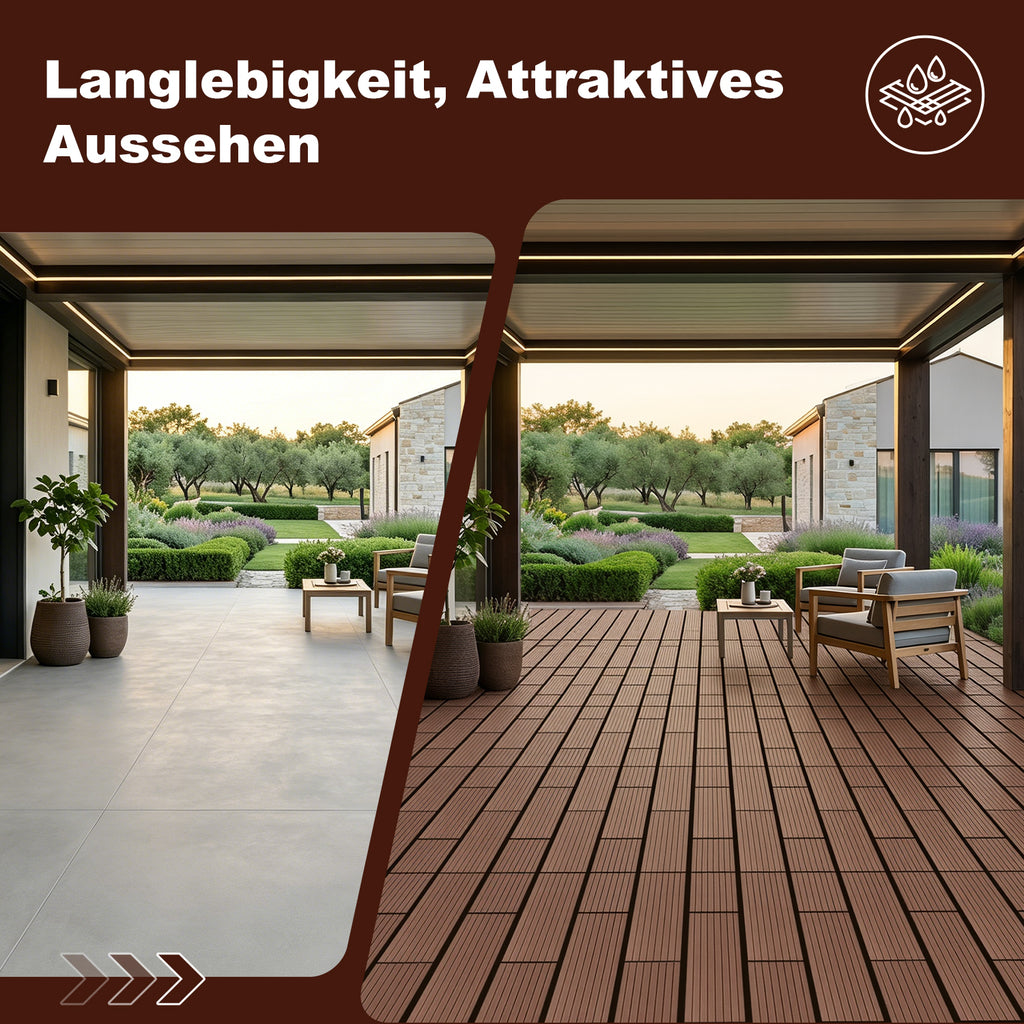 30 x 60 cm WPC-Terrassenfliesen , Klick-Verlegesystem, Teakholzfarben/Rotbraun/Dunkelgrau, 1–5 m² | WPC-Fliesen, Balkonfliesen, witterungsbeständige Platten mit Entwässerungsfunktion, einfache Verlegung, geeignet für Terrassen, Balkone und Gärten