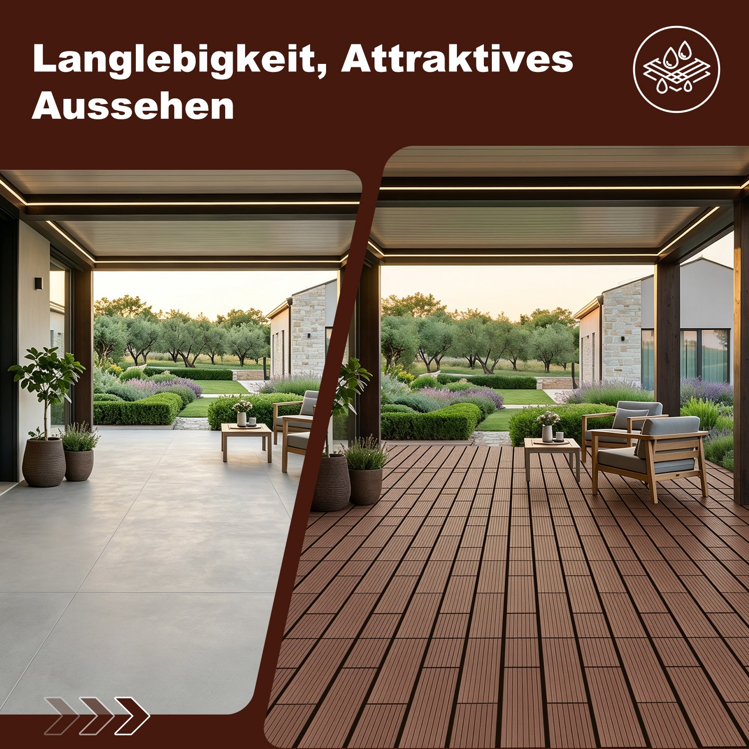 30 x 60 cm WPC-Terrassenfliesen , Klick-Verlegesystem, Teakholzfarben/Rotbraun/Dunkelgrau, 1–5 m² | WPC-Fliesen, Balkonfliesen, witterungsbeständige Platten mit Entwässerungsfunktion, einfache Verlegung, geeignet für Terrassen, Balkone und Gärten