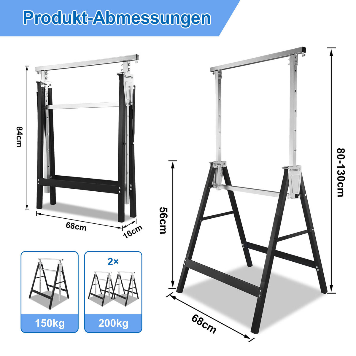 Arbeitsständer, 2er-Set, höhenverstellbar, 7 Stufen (80–130 cm), Gerüstständer, Tragkraft 400 kg pro Paar, klappbare Ständer für Haushalt, Werkstatt und Garten, schwarz
