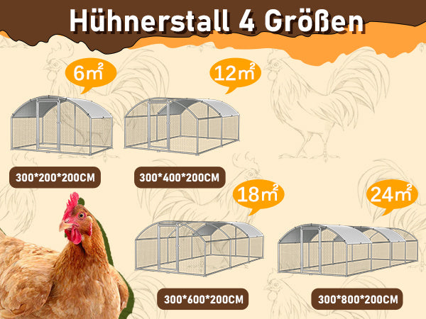6–24 Quadratmeter große kuppelförmige Hühnerställe für den Außenbereich, Hühnerställe aus verzinktem Stahl, mit Tür und Riegel, Geflügelställe für Hühner, Kaninchen, Gänse, Tauben und Wachteln, Metallzäune