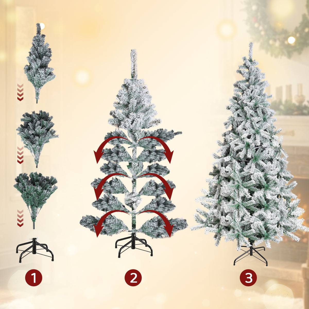 Künstlicher Weihnachtsbaum in den Größen 120/150/180/210 cm; 15 cm lange PVC-Zweige; künstliche Kiefer mit Schneelandschaft; inklusive Ständer, einfach aufzubauen, zerlegbar und verstaubar