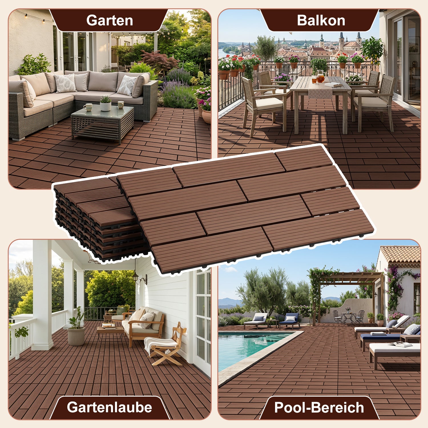 30 x 60 cm WPC-Terrassenfliesen , Klick-Verlegesystem, Teakholzfarben/Rotbraun/Dunkelgrau, 1–5 m² | WPC-Fliesen, Balkonfliesen, witterungsbeständige Platten mit Entwässerungsfunktion, einfache Verlegung, geeignet für Terrassen, Balkone und Gärten