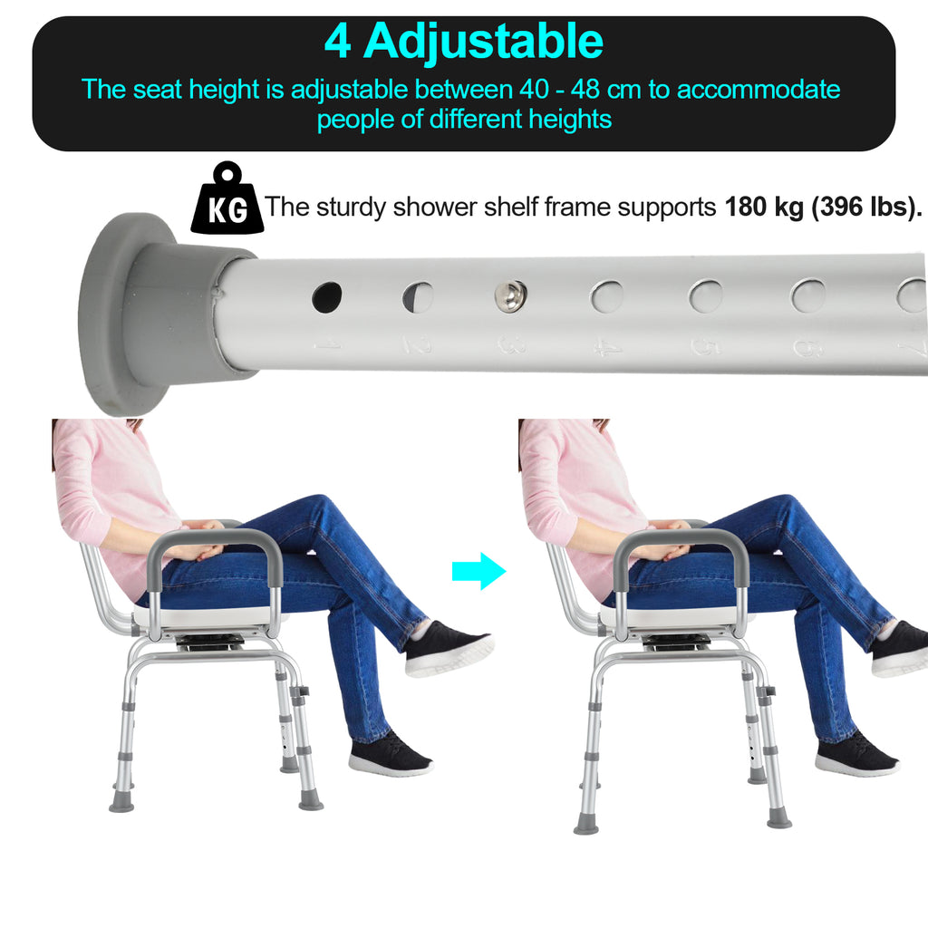 360° Drehbarer Duschstuhl für Senioren, Duschhocker mit Armlehnen und Rückenlehne für Senioren, Badhocker 100KG Duschsitz 36-52cm Höhenverstellbar, Duschhilfe Duschstuhl