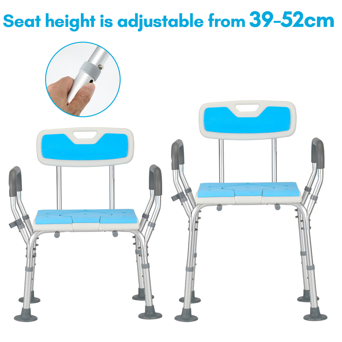 Duschstuhl für Senioren, Duschhocker mit Armlehnen und Rückenlehne für Senioren, Badhocker 150KG Duschsitz 36-52cm Höhenverstellbar, Duschhilfe Duschstuhl