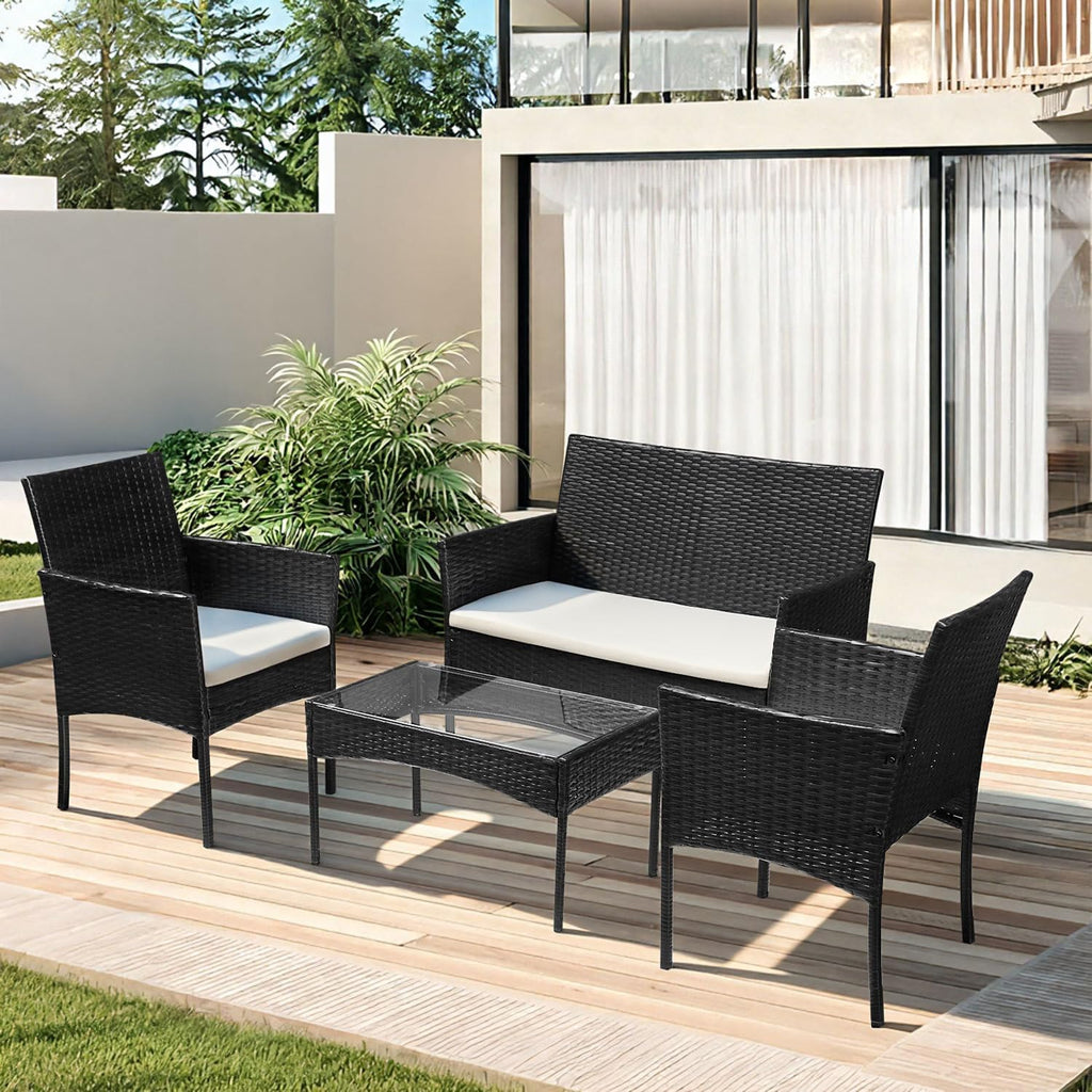 Polyrattan Gartenmöbel Set,4 Personen mit 2er Sofa 2 Stühle Tisch & Sitzkissen wetterfest Sitzgruppe,Schwarz Terrassenmöbel Balkonmöbel Set für Garten Terrasse und Balkon