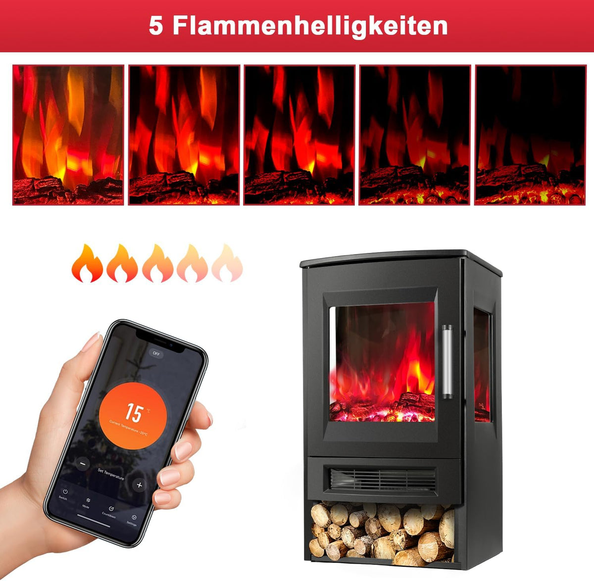 Elektrischer Kamin mit Heizfunktion, LED-Flammen, WLAN-Fernbedienung, Heizgebläse mit Timer, einstellbarem Thermostat, 900 W/1800 W
