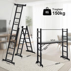 Gerüst, 4 in 1 Alu Multifunktionsleiter 6+6 Stufen, Mobile Mehrzweckleiter mit Plattform und 2 Räder, Arbeitsgerüst, Arbeitsbühne, Belastbar bis max. 150 Kg