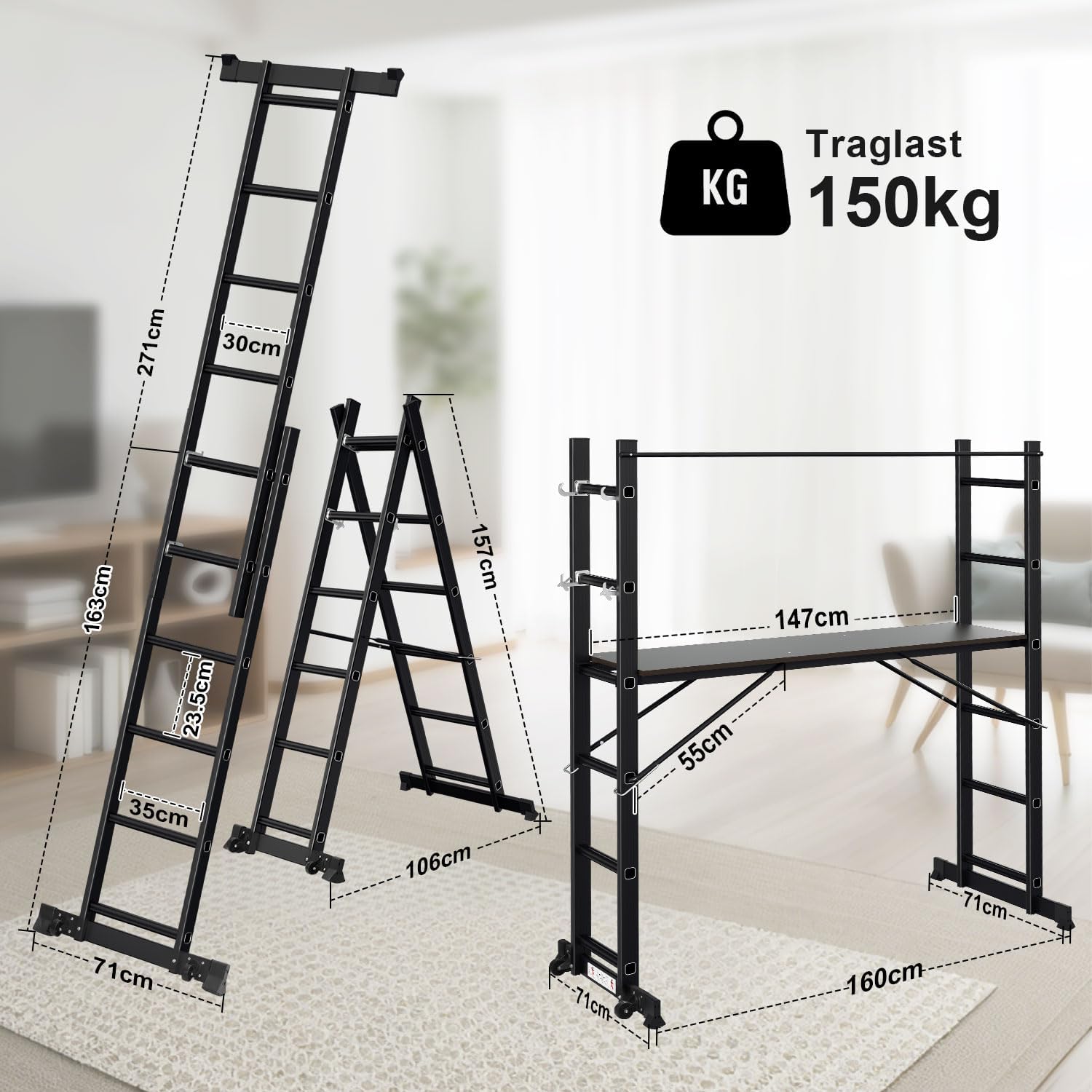 Gerüst, 4 in 1 Alu Multifunktionsleiter 6+6 Stufen, Mobile Mehrzweckleiter mit Plattform und 2 Räder, Arbeitsgerüst, Arbeitsbühne, Belastbar bis max. 150 Kg