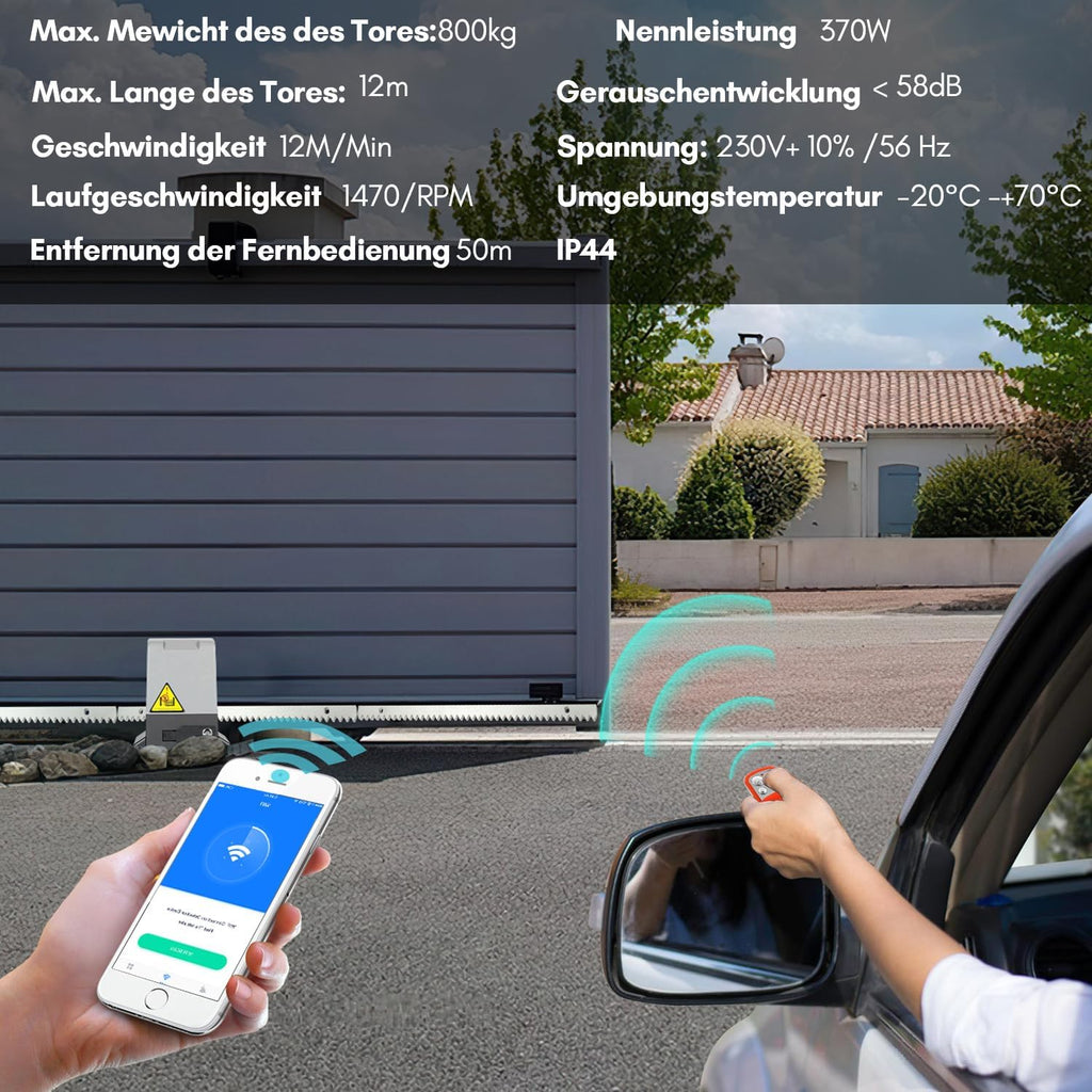 Schiebetorantrieb Garagentorantrieb, Schiebetorantrieb Set mit Fernbedienungen und WLAN-Funktion, Automatischer Flügeltorantrieb Torantrieb Wasserdicht