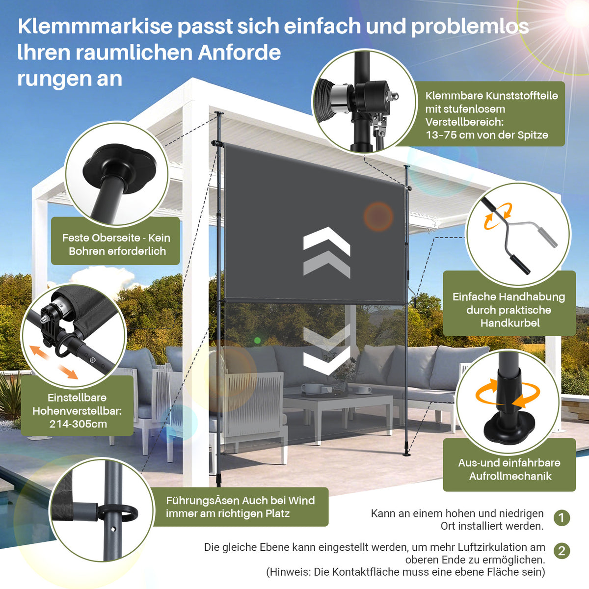 Vertikalmarkisen, ausziehbare Vertikalmarkisen für den Außenbereich mit Handkurbel, keine Bohrungen erforderlich, Sichtschutz für den Balkon sowie Windschutz für Garten und Terrasse, anthrazitgrau