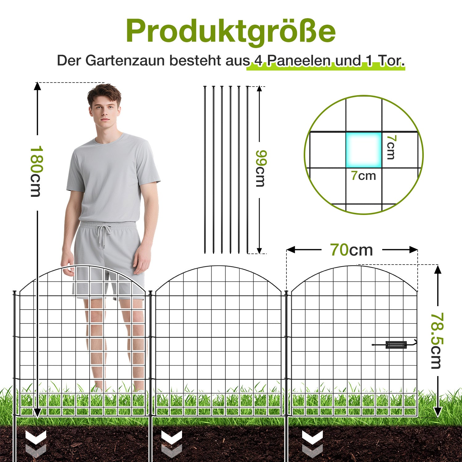 Dekorative Gartenzäune, Teichzaun-Sets, 1 Tor + 4 Teichzaunelemente, Steckzäune, Metallzäune mit Zaunelementen sowie Außenzäune, Gartenzäune, Tierzäune, mit Schloss, Haustierzäune, in drei Ausführungen erhältlich: grün, schwarz