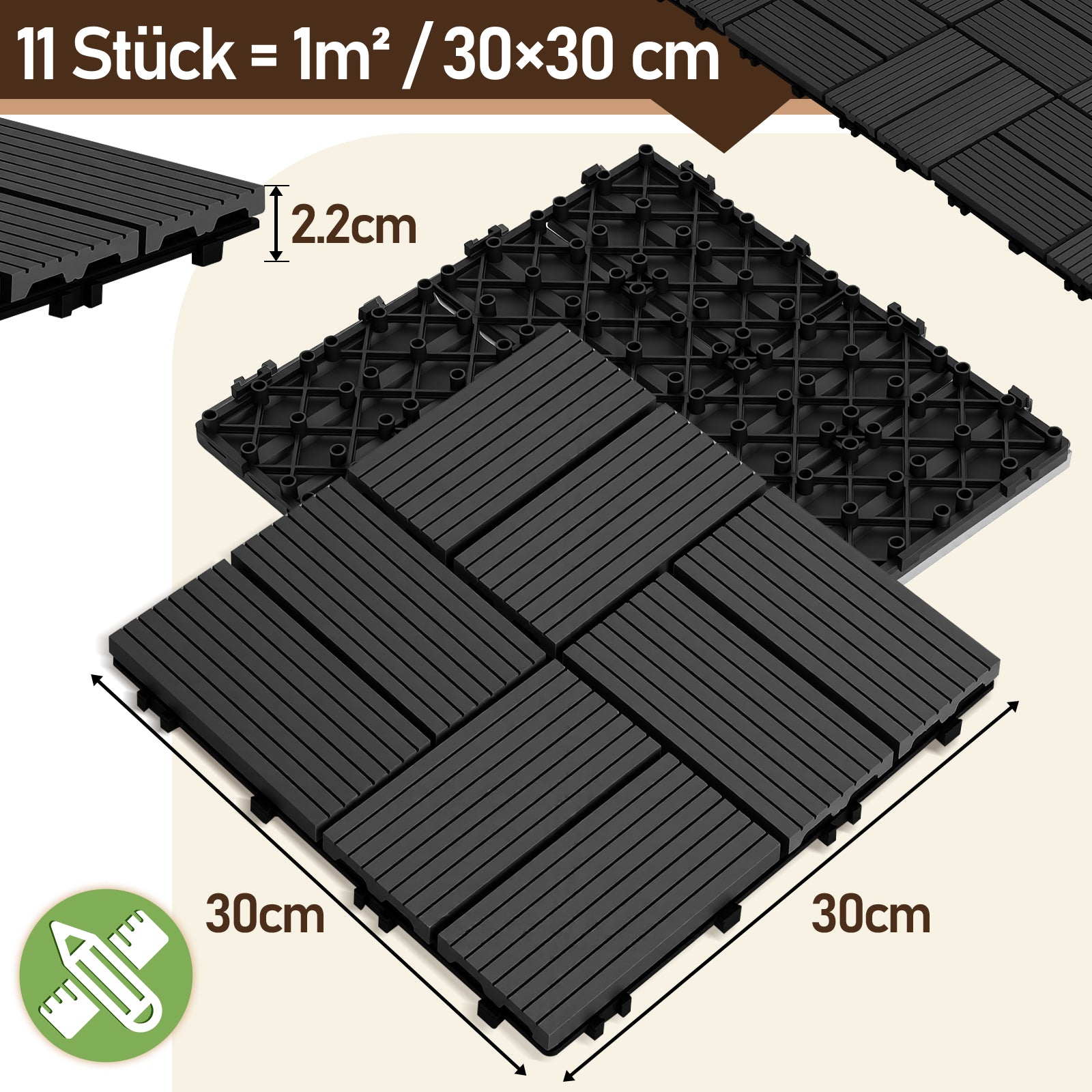 8 Streifen | 30 x 30 cm WPC-Terrassenfliesen 1–5 m², Teakholz-Optik/Rotbraun/Dunkelgrau | Wasserfeste, verlegbare und wasserdurchlässige Fliesen, geeignet für Balkone, Terrassen, Gärten und Außenbereiche