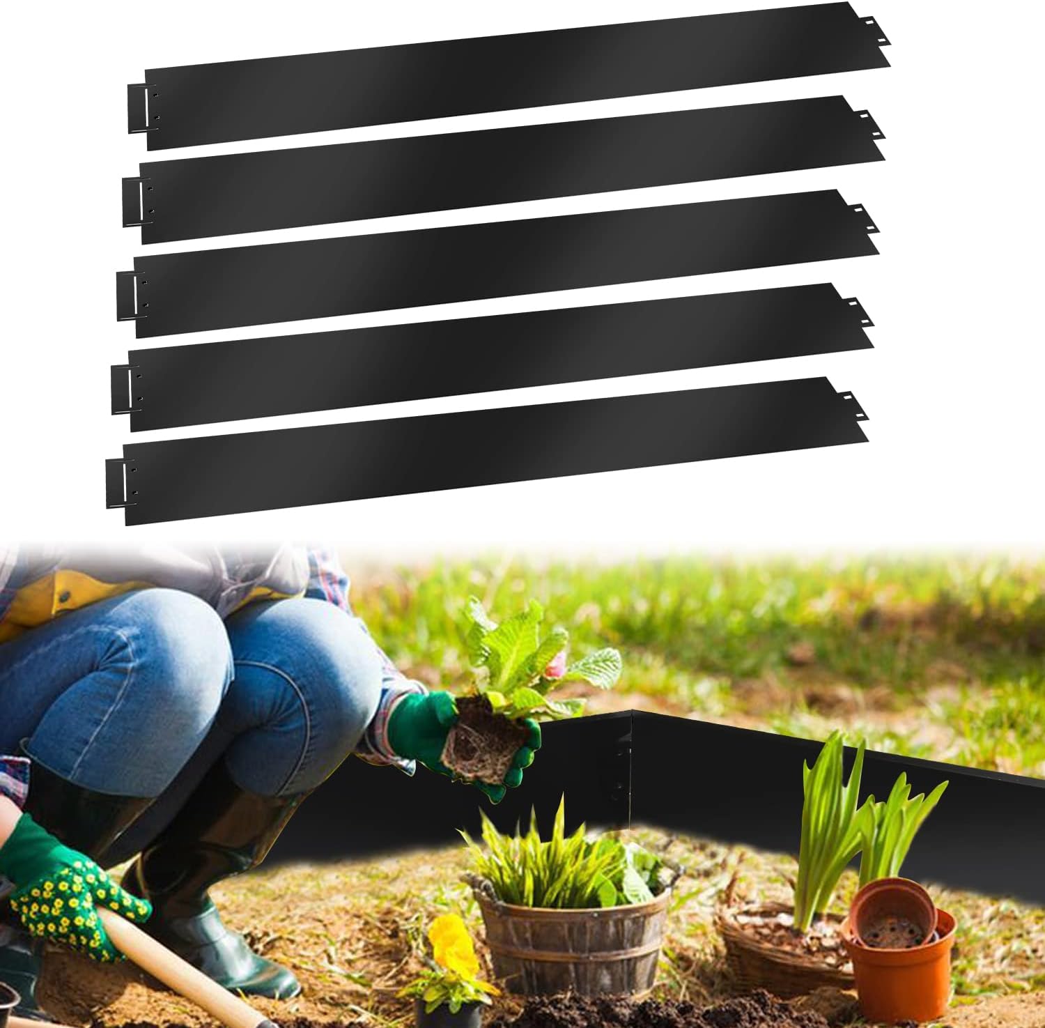 Rasenkante verzinkt Metall, 5m 10m 15m 20m 25m 30m 35m 40m 45m 50m 100x15cm Beeteinfassung Mähkante Palisade Gartenbeet, Silber oder Schwarz (Länge 5m - Höhe 15cm)