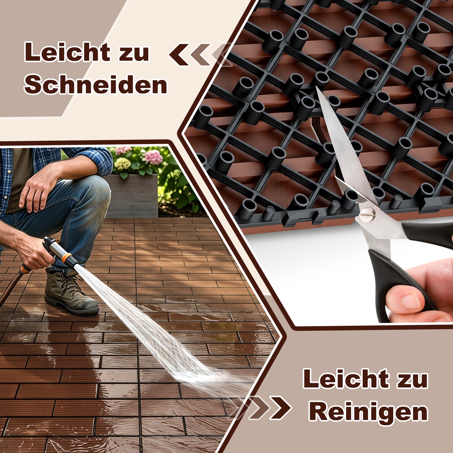 30 x 60 cm WPC-Terrassenfliesen , Klick-Verlegesystem, Teakholzfarben/Rotbraun/Dunkelgrau, 1–5 m² | WPC-Fliesen, Balkonfliesen, witterungsbeständige Platten mit Entwässerungsfunktion, einfache Verlegung, geeignet für Terrassen, Balkone und Gärten