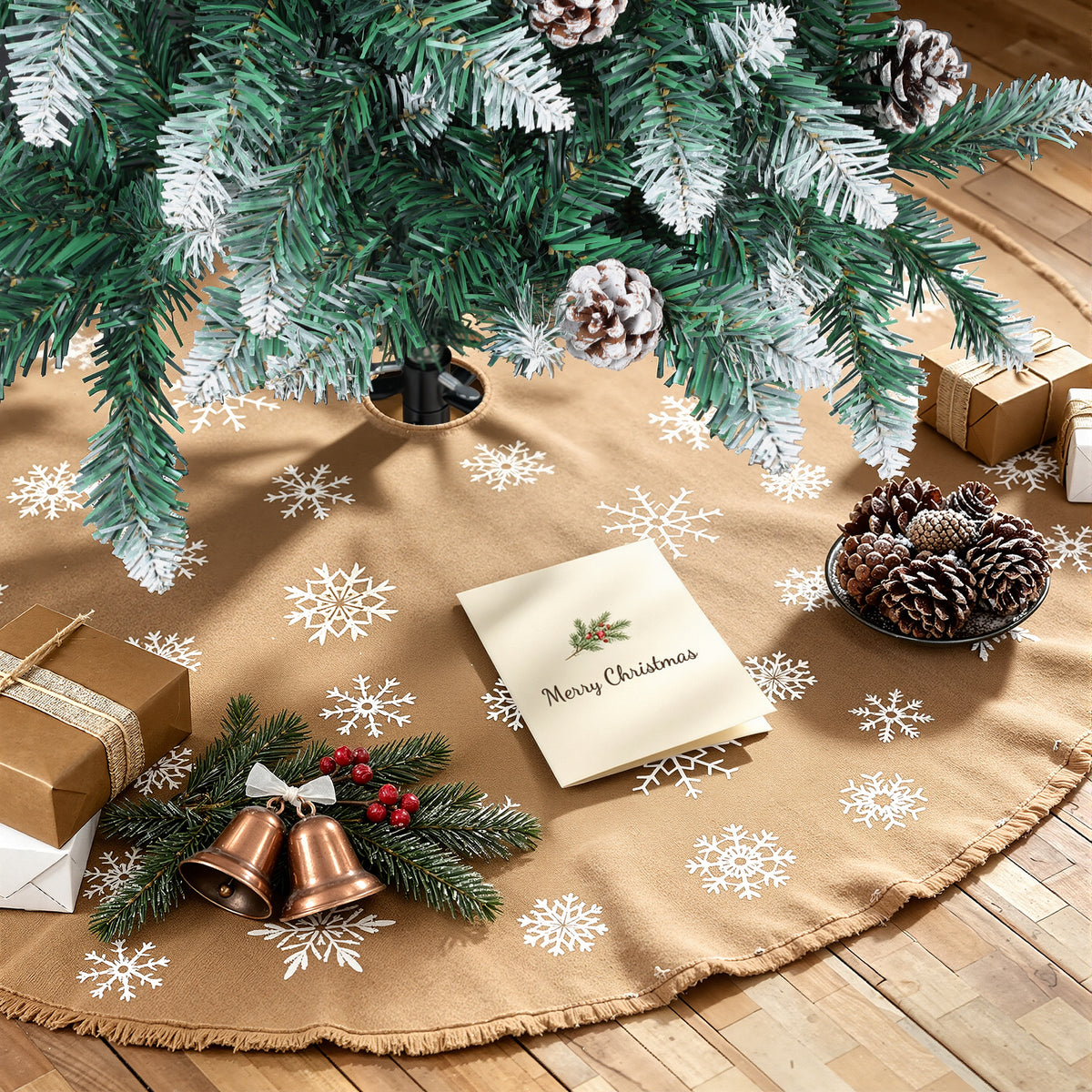 Weihnachtsbaum mit Tannenzapfen, 120/150/180/210 cm; 15 cm lange PVC-Zweige; künstliche Tanne mit Schneelandschaft; inklusive Ständer, einfach aufzubauen, zerlegbar und platzsparend verstaubar