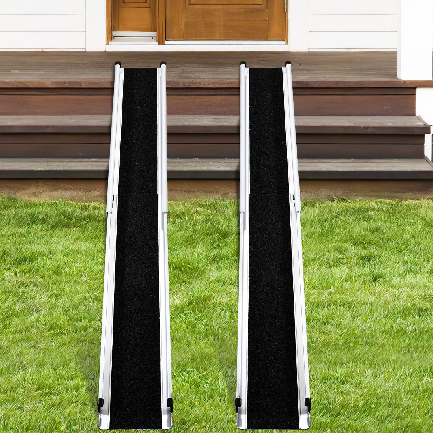 2er-Set Aluminium-Rollstuhlrampe, Rollatorrampe, leichte, zusammenklappbare, ausziehbare Rampe, 152–213 cm, verstellbare Be- und Entladerampe, Haustierrampe, rutschfestes Design, geeignet für Treppen und Rollstuhlfahrer, Tragkraft bis zu 300 kg