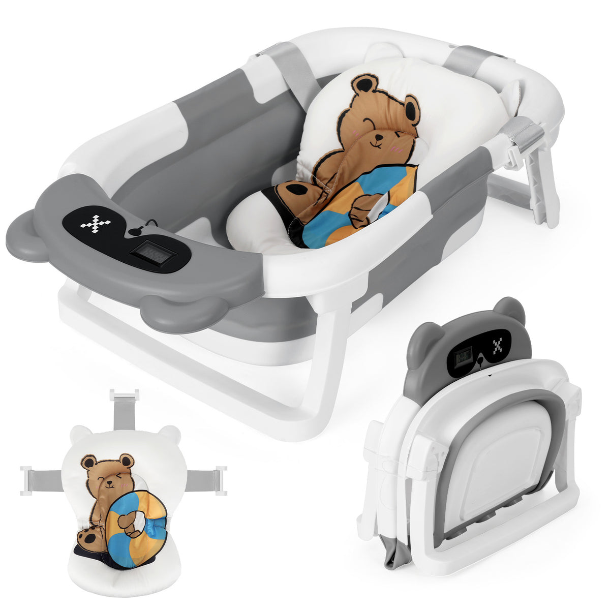 Babybadewanne, Kinderbadewanne, 0–12 Monate, zusammenklappbare Badewanne, grauer Bär (mit Badematte)