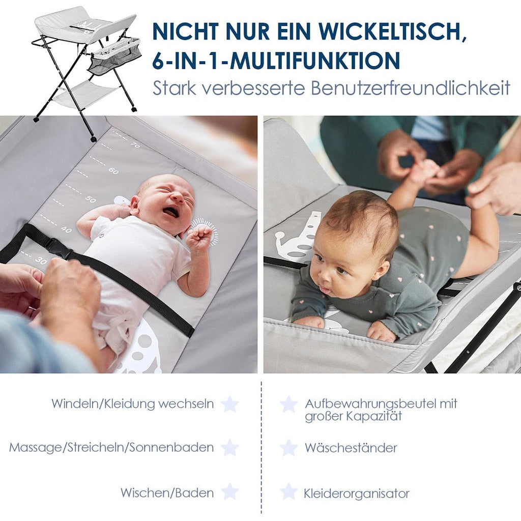 Baby-Wickeltisch, klappbar, Wickelkombination, Babymöbel, mit 4 Rollen, Wickelauflage, grau/dunkelgrau