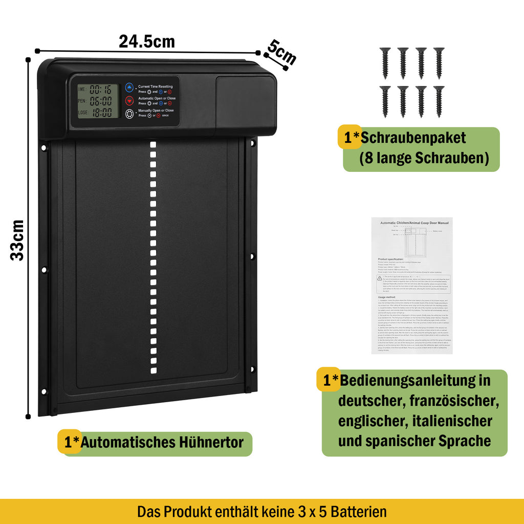 Automatische Hühnerstalltür aus Aluminiumlegierung | Integrierter Sensor stoppt bei Hindernissen sofort, schützt Hühner und Enten, Einklemmschutz + manuelle Fernbedienung, einfache Zeiteinstellung über LED-Display
