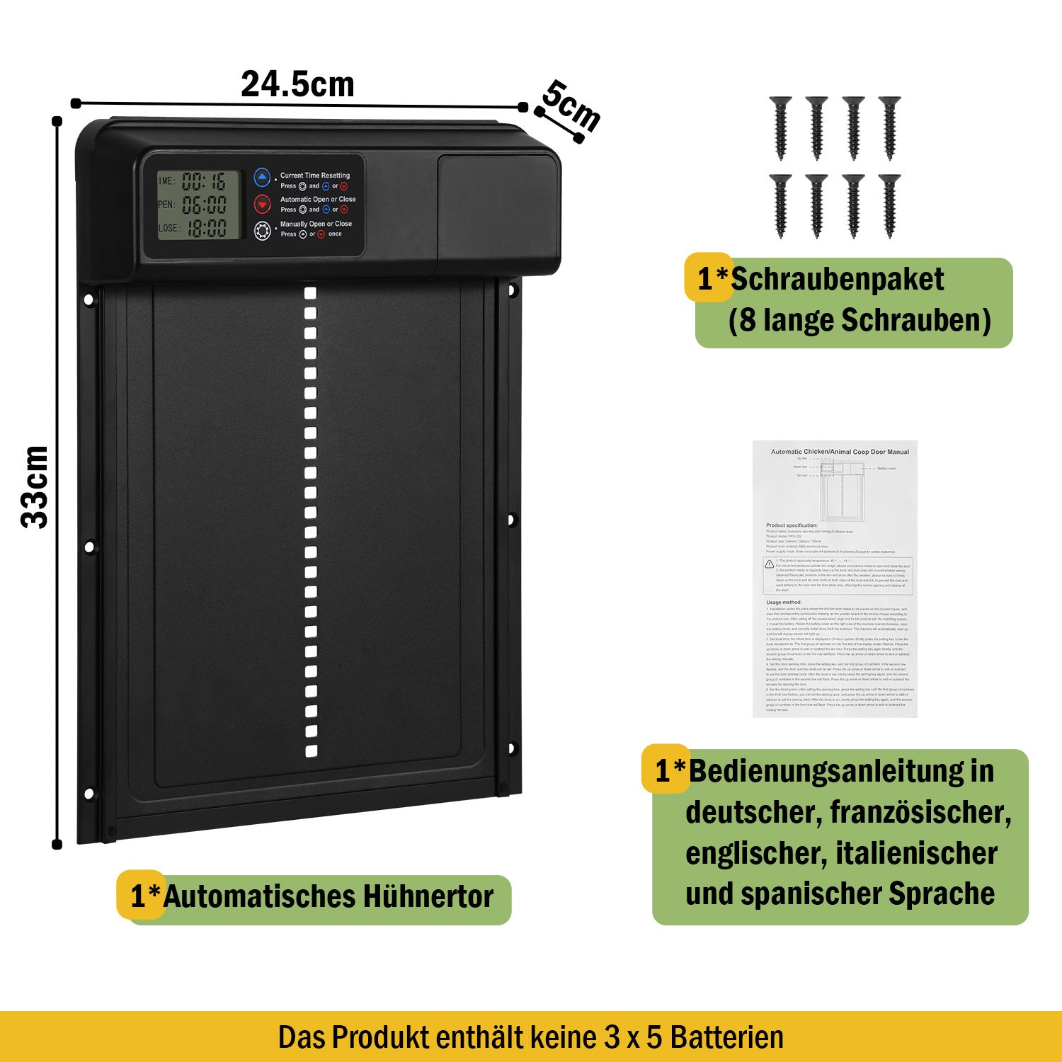 Automatische Hühnerstalltür aus Aluminiumlegierung | Integrierter Sensor stoppt bei Hindernissen sofort, schützt Hühner und Enten, Einklemmschutz + manuelle Fernbedienung, einfache Zeiteinstellung über LED-Display