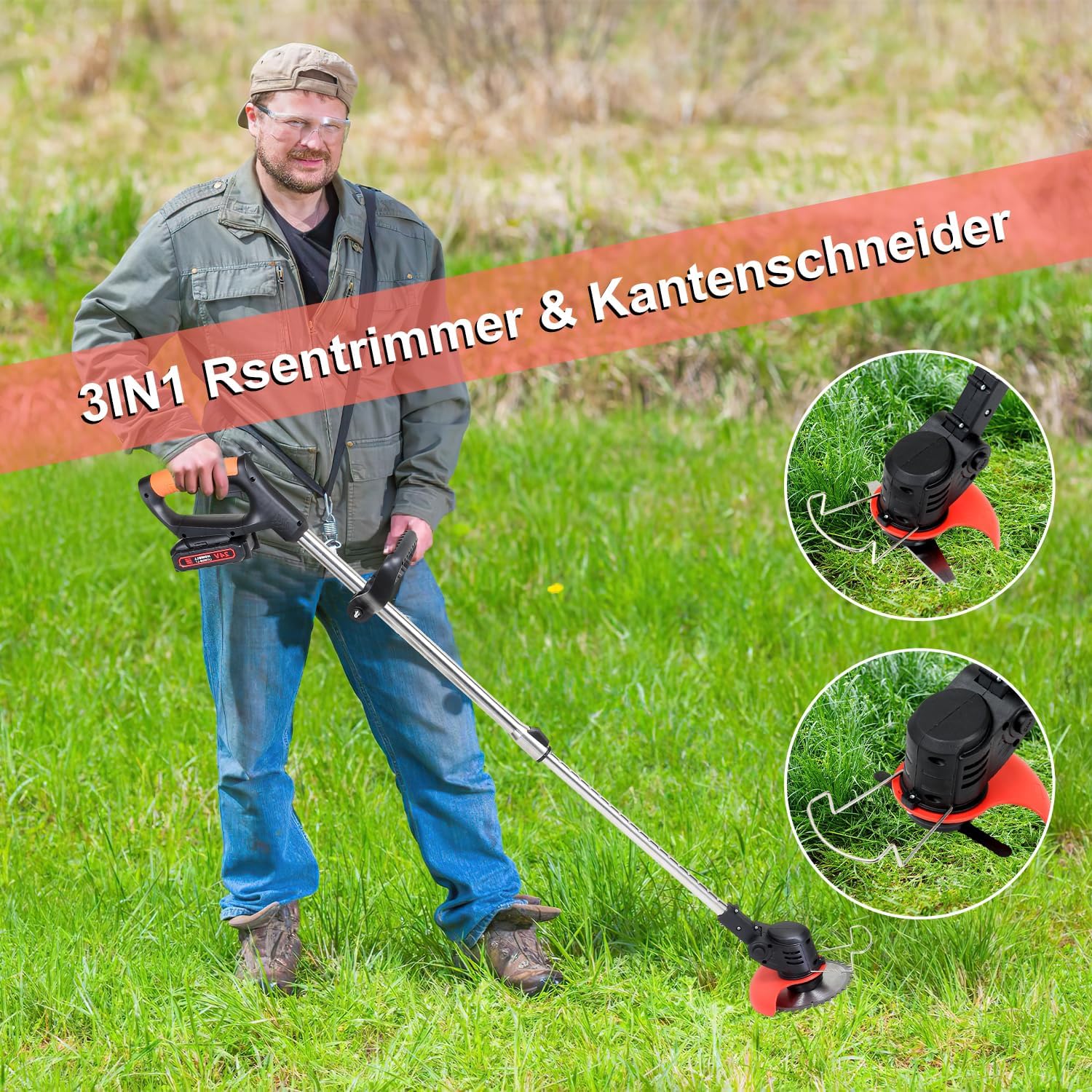 Akku-Rasenmäher, Rasentrimmer (Set mit 2 Akkus à 1,5 Ah und Ladegerät), 2-in-1, 18.000 U/min, 24 V, Kantenschneider