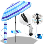 Strandschirm, Durchmesser 213 cm, Sonnenschutzfaktor UV50+, mit Tisch, Haken und Tragetasche, Neigungswinkel und Höhe verstellbar, windfest, langlebig, lichtbeständig, blaue Streifen
