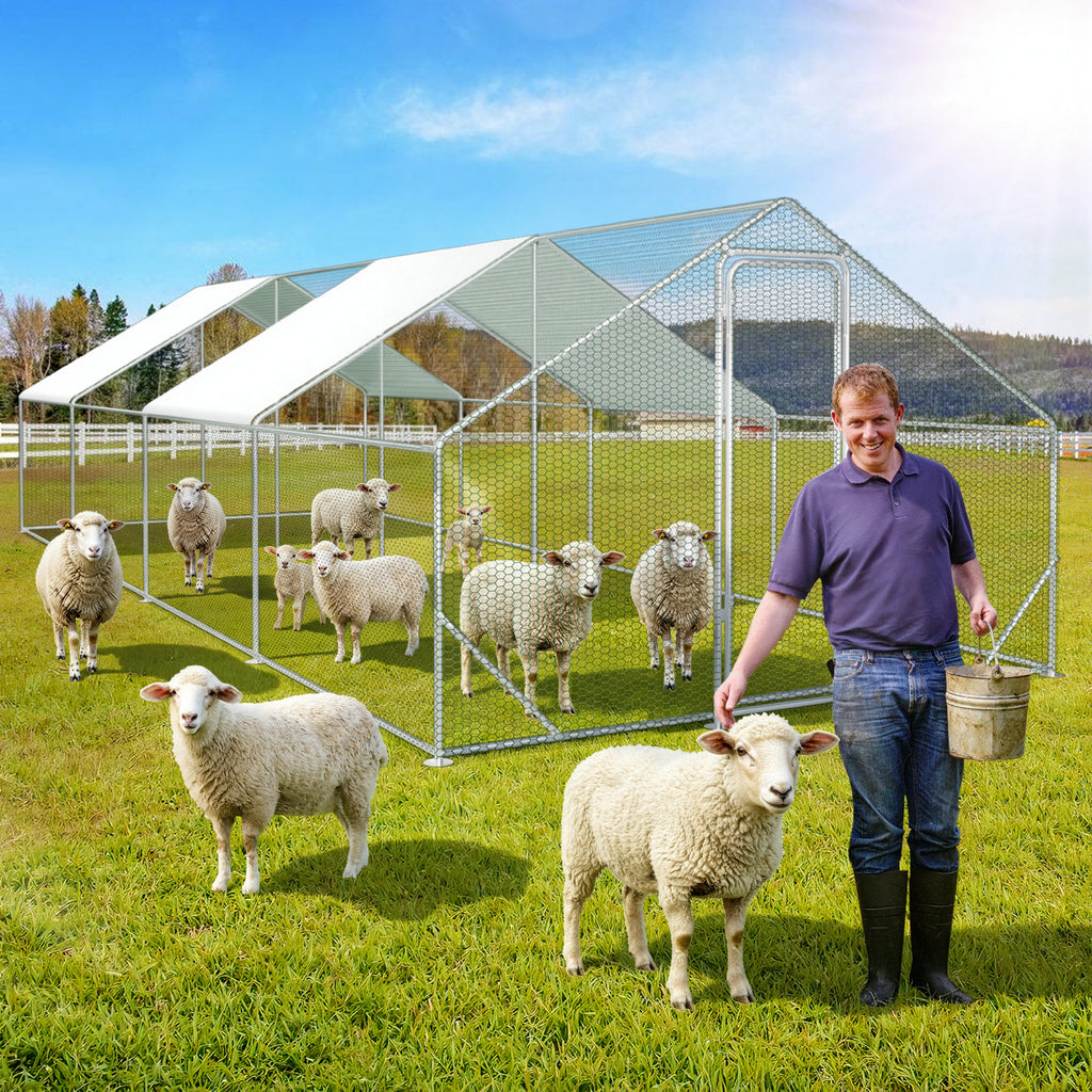 3 × 8 × 2 Meter großer Hühnerstall für den Außenbereich – Geflügelstall aus verzinktem Stahl mit Kuppeldach, geeignet für Hühner, Kaninchen, Gänse, Tauben und Wachteln, mit Metallzaun mit Maschen（副本）