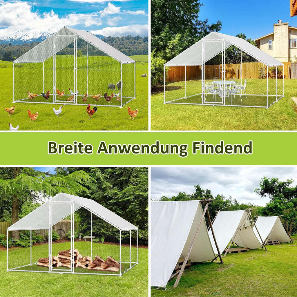 3 × 4 × 2 Meter großer Hühnerstall für den Außenbereich – Geflügelstall aus verzinktem Stahl mit Kuppeldach, geeignet für Hühner, Kaninchen, Gänse, Tauben und Wachteln, mit Metallzaun mit Maschen