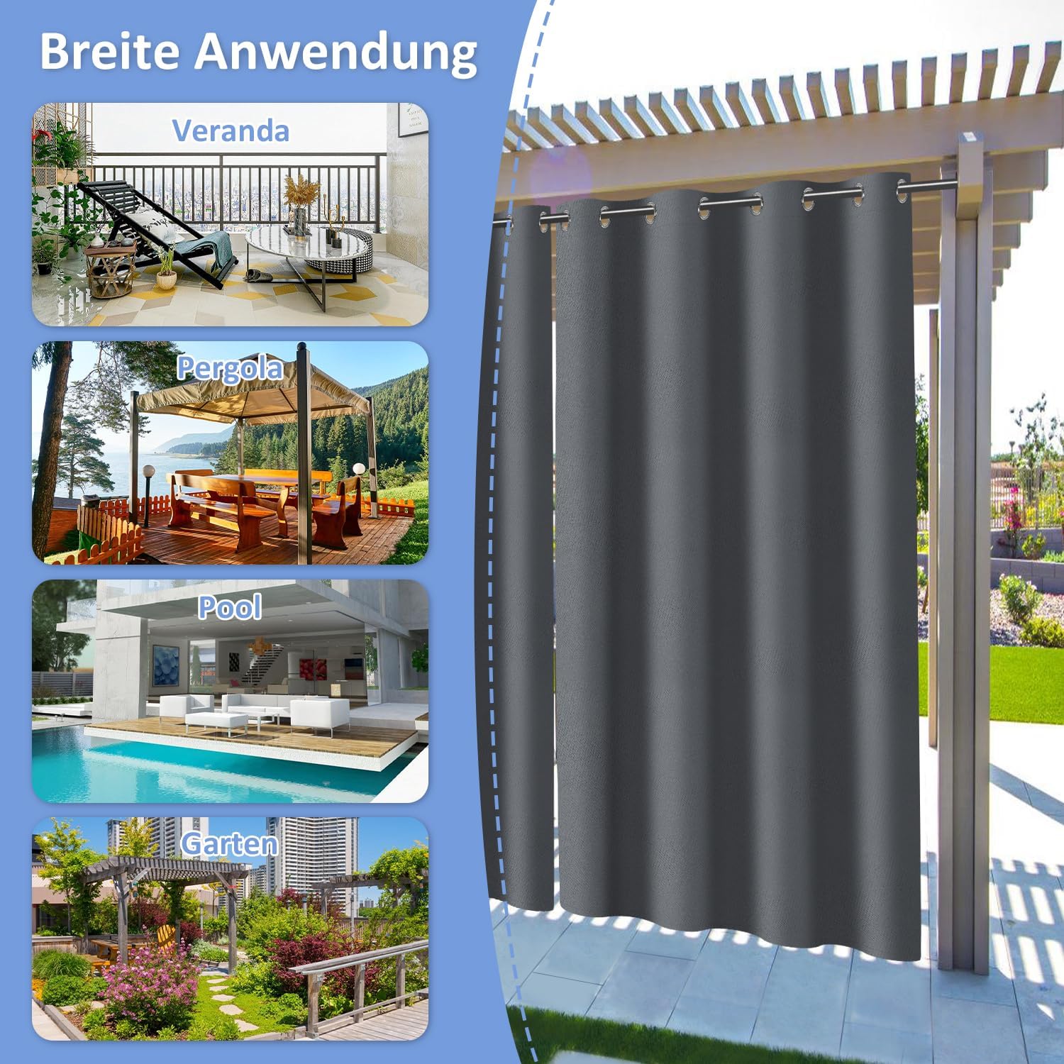 Outdoor Vorhang Wetterfest mit Ösen Sonnenschutz Wasserdicht Thermovorhang Panel,Dunkelgrau