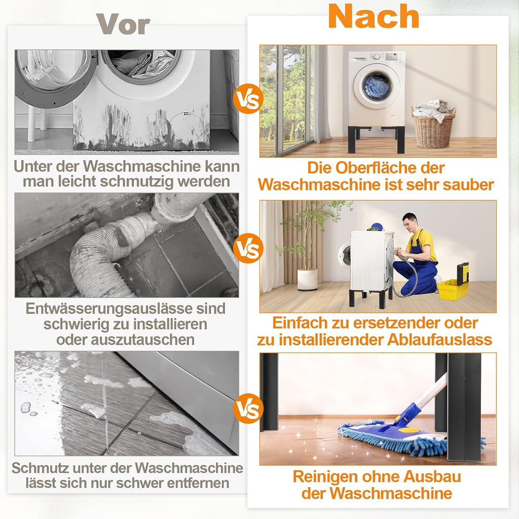 Edelstahl-Waschmaschinen-Untergestell, verstellbar 50–80 cm, mit Skalenverstellung, Vibrationsschutz & Rutschfestigkeit, Tragkraft 400 kg, für Waschmaschine/Trockner, schwarz.