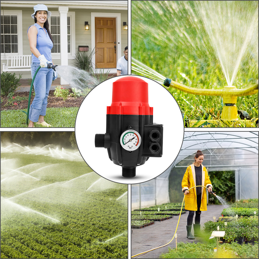 Druckregler, Druckschalter, 10-bar-Manometer mit Kabel, konstanter Wasserdruck, automatisches Ein- und Ausschalten, Trockenlaufschutz, geeignet für Garten und Haushalt, rot
