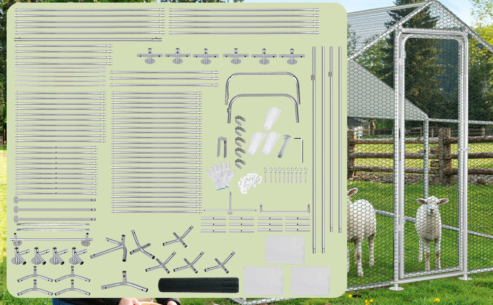 3 × 8 × 2 Meter großer Hühnerstall für den Außenbereich – Geflügelstall aus verzinktem Stahl mit Kuppeldach, geeignet für Hühner, Kaninchen, Gänse, Tauben und Wachteln, mit Metallzaun mit Maschen（副本）