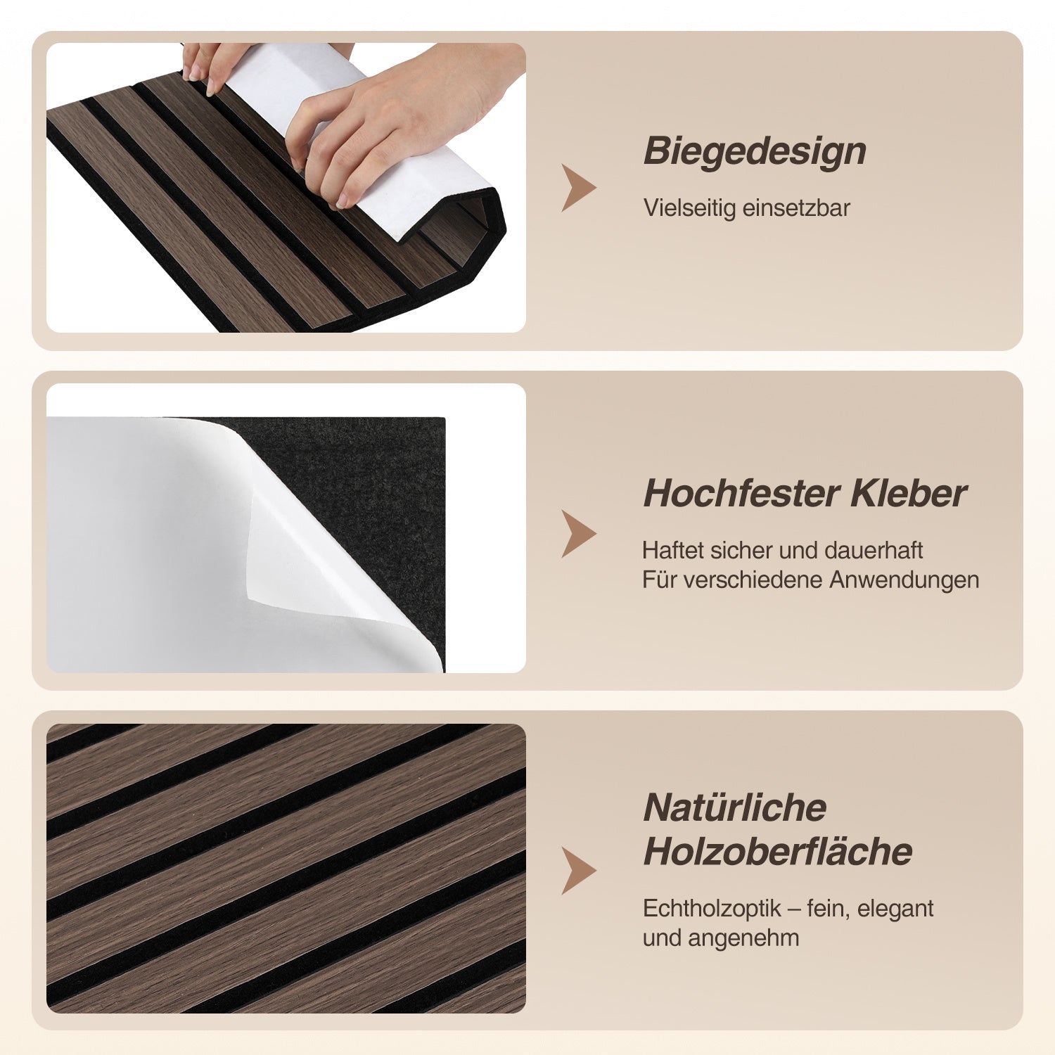 Schallabsorptionsplatten-Set, Holzoptik, Wandverkleidung/Wandbelag, selbstklebend, keine Bohrungen erforderlich, einfache Montage, Material aus recyceltem Filz, schalldämmend, 30 x 30 cm, Farbe: Schwarznuss/Eiche