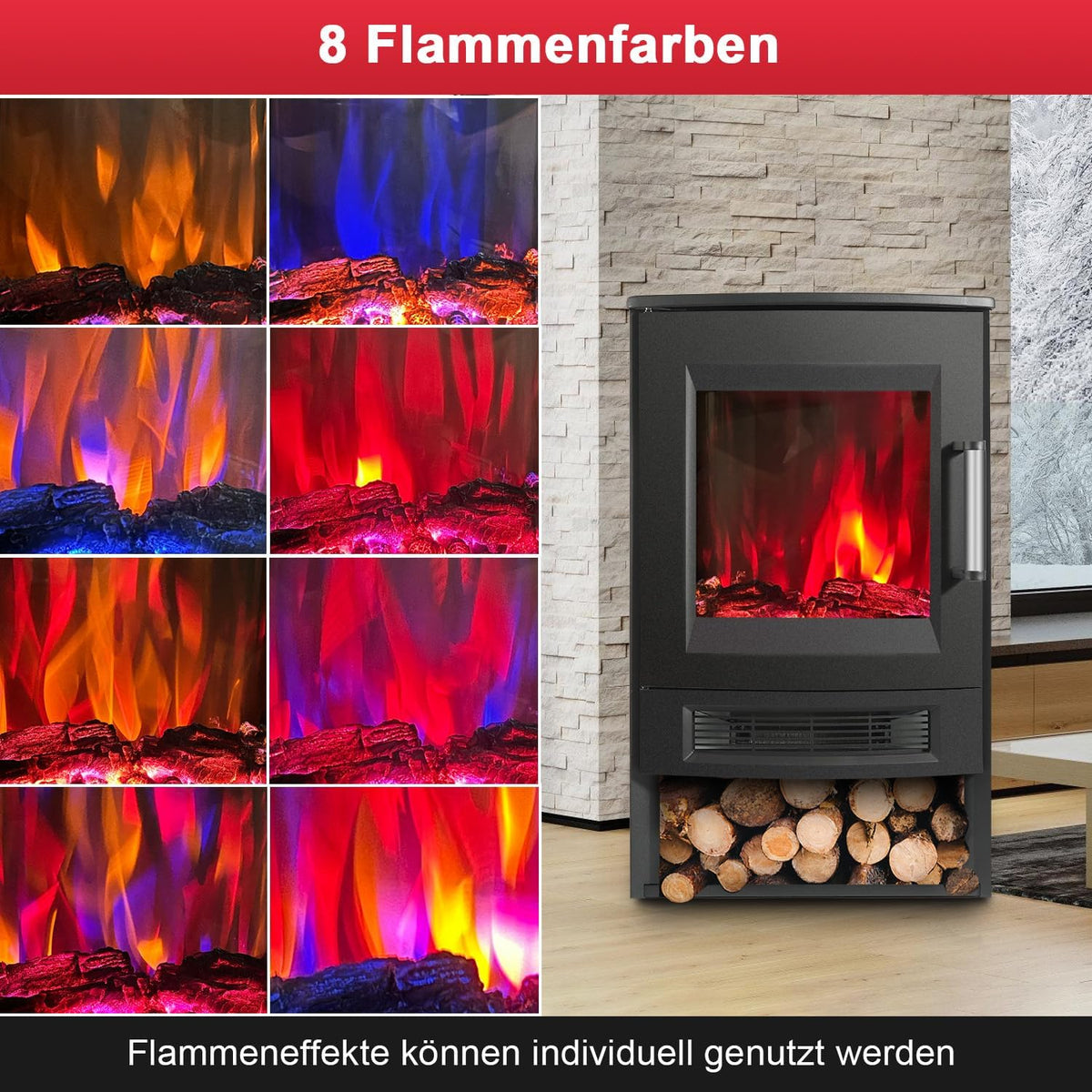 Elektrischer Kamin mit Heizfunktion, LED-Flammen, WLAN-Fernbedienung, Heizgebläse mit Timer, einstellbarem Thermostat, 900 W/1800 W