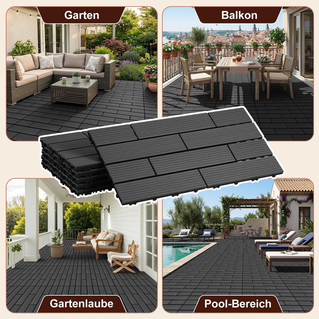 30 x 60 cm WPC-Terrassenfliesen , Klick-Verlegesystem, Teakholzfarben/Rotbraun/Dunkelgrau, 1–5 m² | WPC-Fliesen, Balkonfliesen, witterungsbeständige Platten mit Entwässerungsfunktion, einfache Verlegung, geeignet für Terrassen, Balkone und Gärten