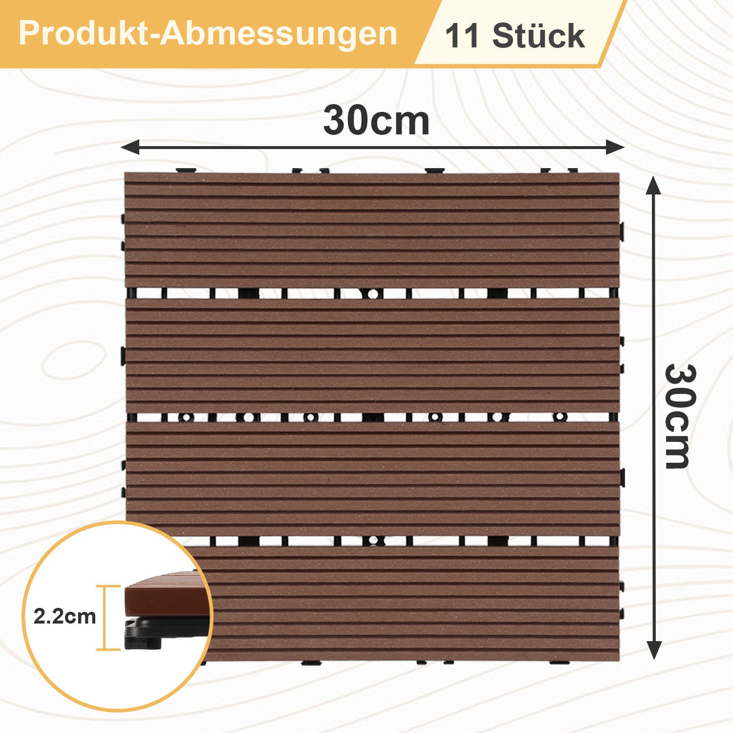 WPC-Terrassenfliesen 1 m²–5 m² – Außenfliesen, Bodenbelag, Klickfliesen, Terrasse, zum Selberverlegen, in vielen verschiedenen Designs und Farben erhältlich