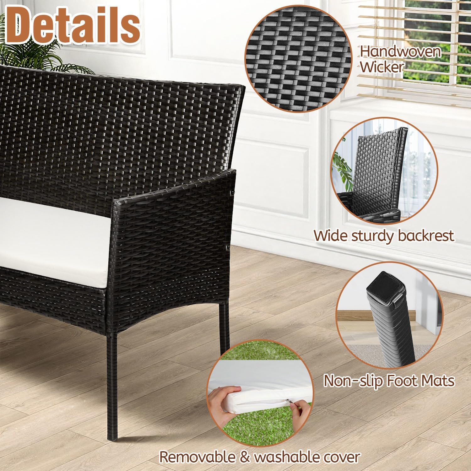 Polyrattan Gartenmöbel Set,4 Personen mit 2er Sofa 2 Stühle Tisch & Sitzkissen wetterfest Sitzgruppe,Schwarz Terrassenmöbel Balkonmöbel Set für Garten Terrasse und Balkon